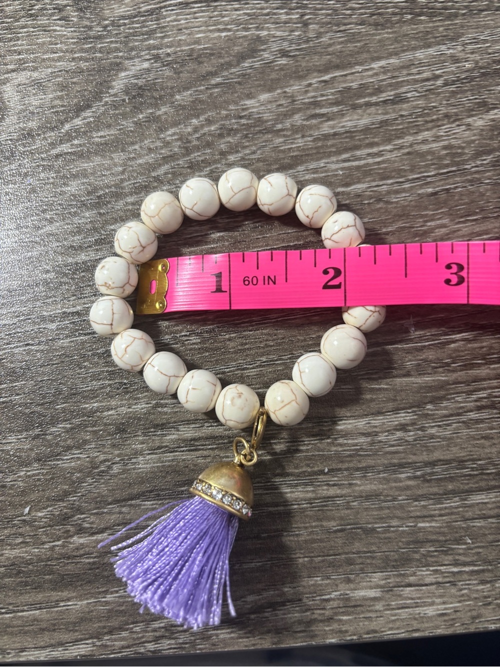 jBloom New Cream Beaded Bracelet with Purple Tassel Charm Inside diameter 2” - Picture 4 of 4